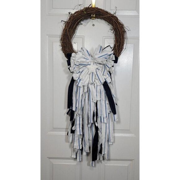 Beach Rag Bow, Starfish Rag Bow, Summer Coastal White/Blue Stripe Wreath Rag Bow - Picture 1 of 12